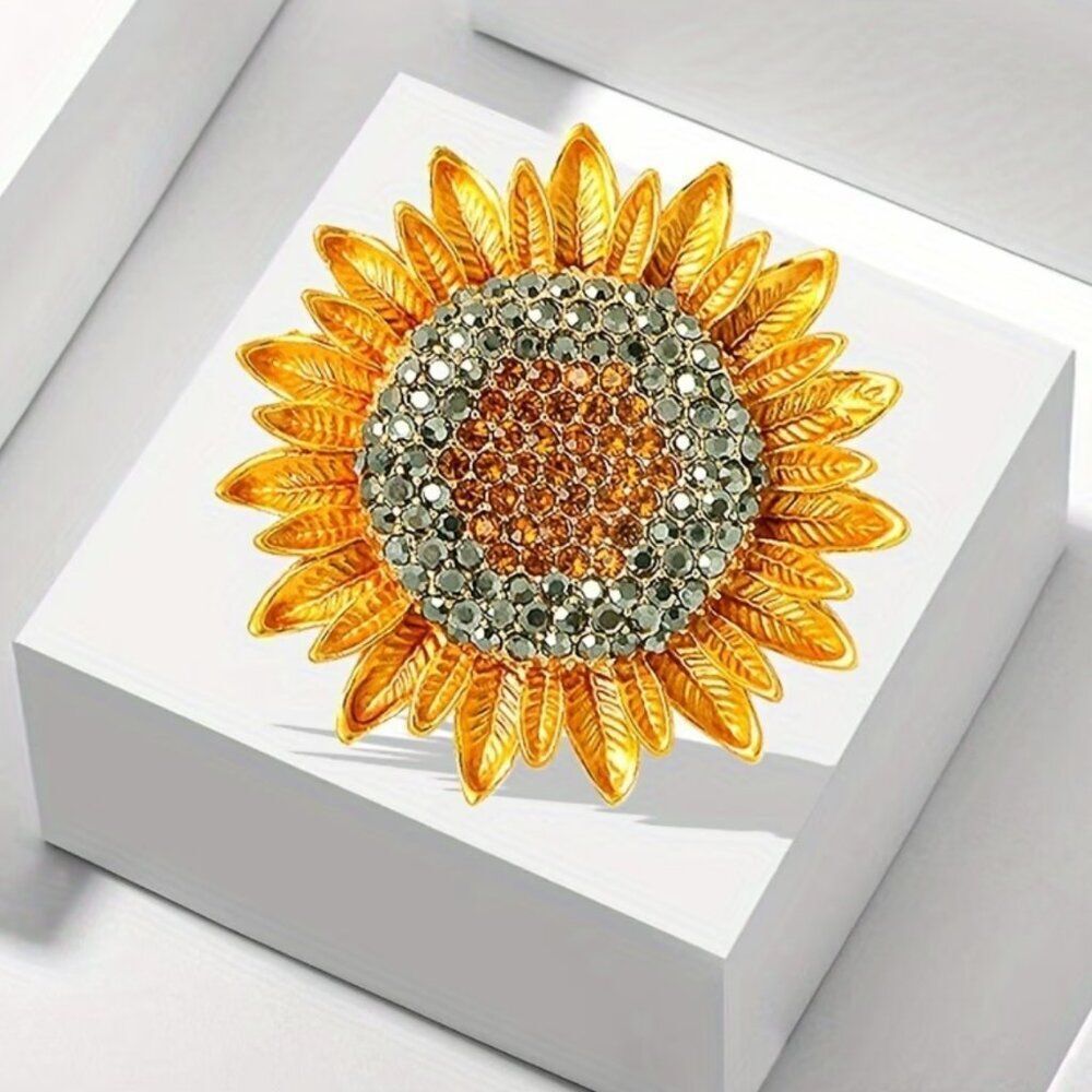 Tuscan Sunflower Sparkle Brooch – Rhinestone & Gold Farmhouse Statement Pin